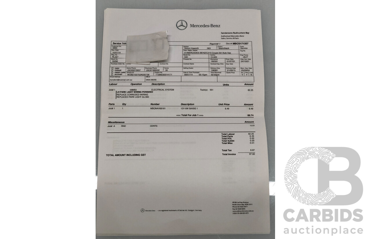 9/2001 Mercedes Benz CL500 W215 2d Coupe Obsidian Black V8 5.0L