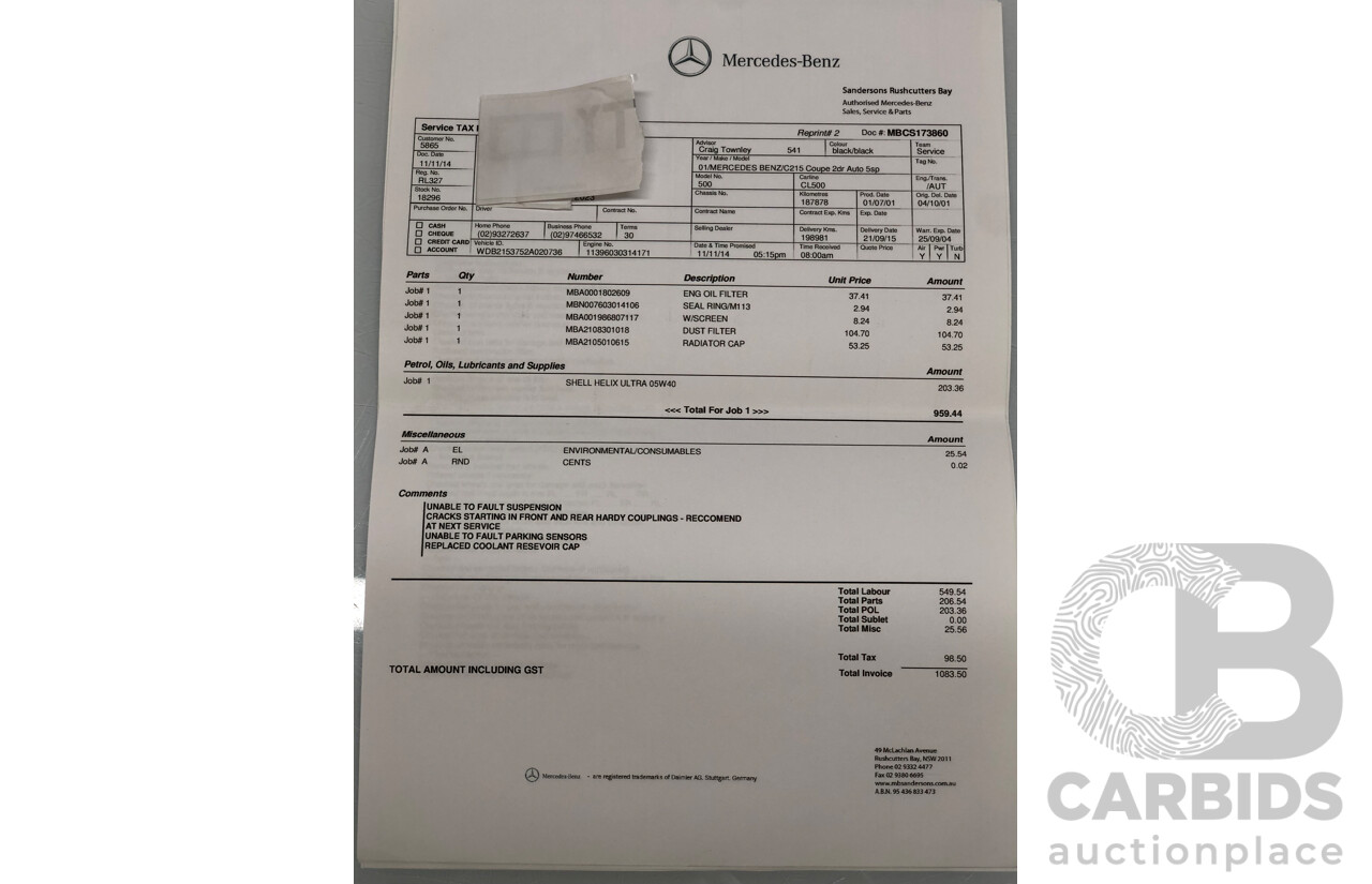 9/2001 Mercedes Benz CL500 W215 2d Coupe Obsidian Black V8 5.0L