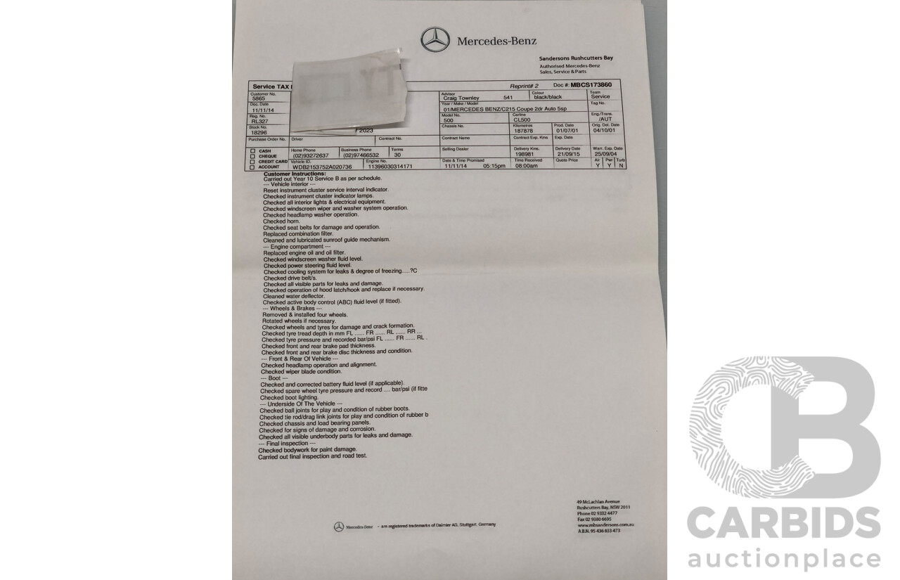 9/2001 Mercedes Benz CL500 W215 2d Coupe Obsidian Black V8 5.0L