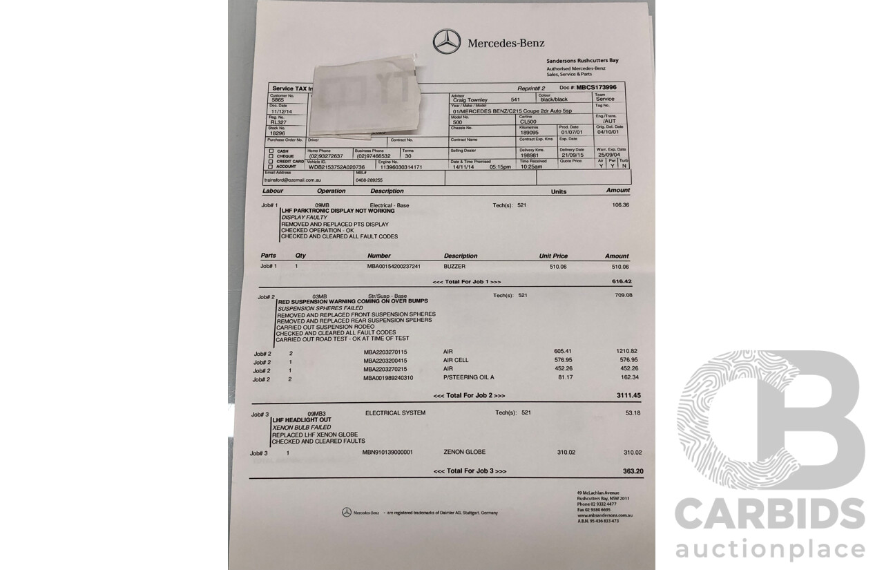 9/2001 Mercedes Benz CL500 W215 2d Coupe Obsidian Black V8 5.0L