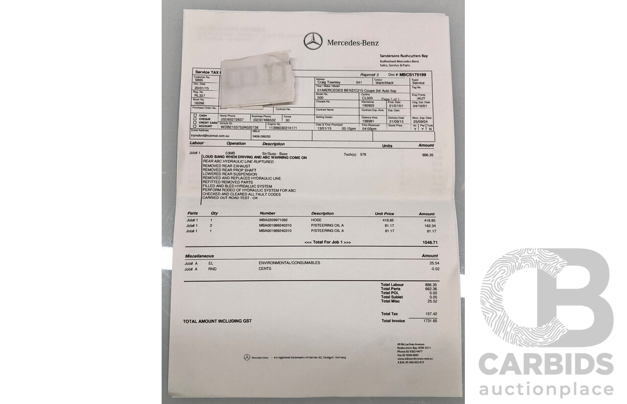 9/2001 Mercedes Benz CL500 W215 2d Coupe Obsidian Black V8 5.0L