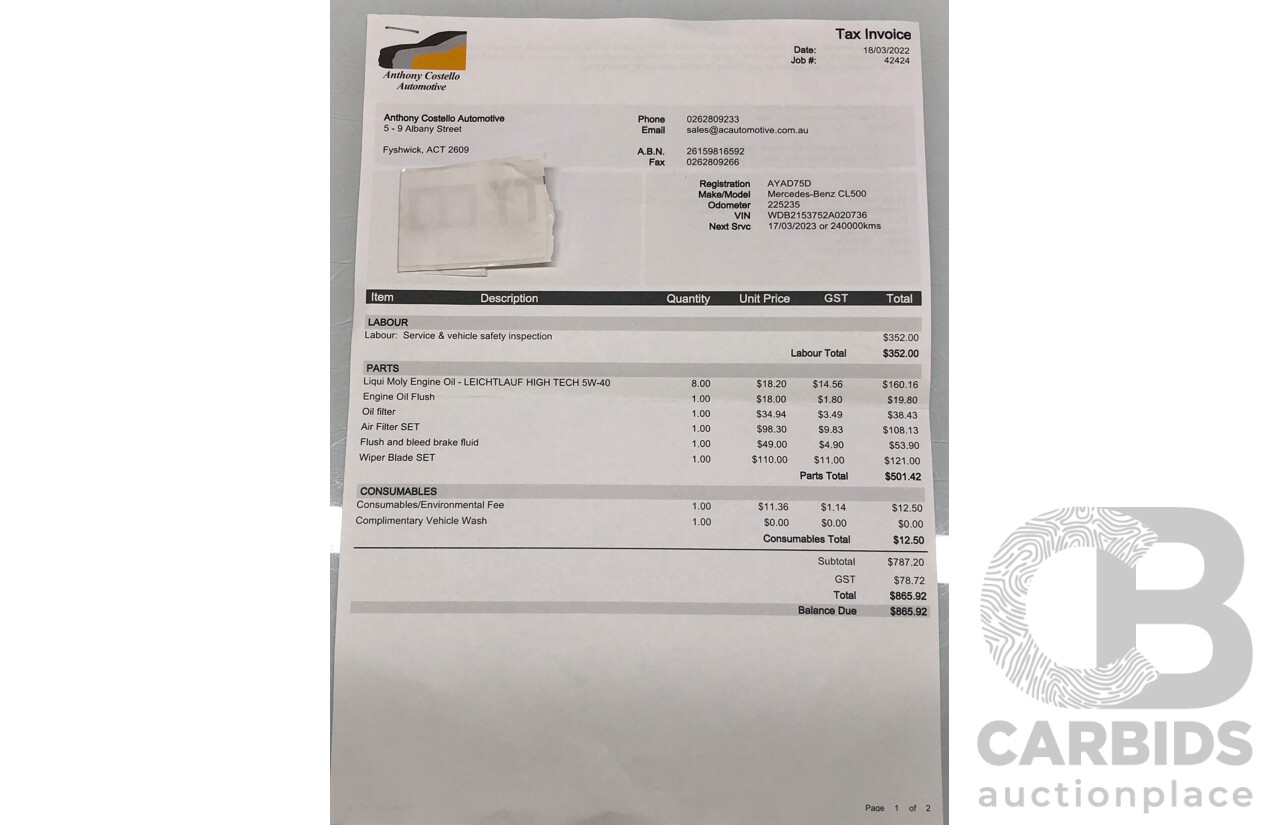 9/2001 Mercedes Benz CL500 W215 2d Coupe Obsidian Black V8 5.0L