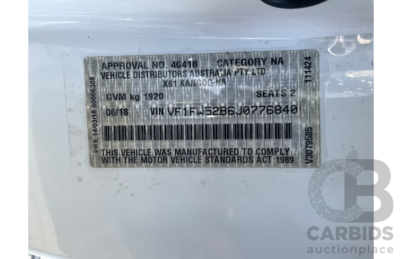 6/2018 Renault Kangoo 1.2 SWB X61 4d Van White Turbo 1.2L