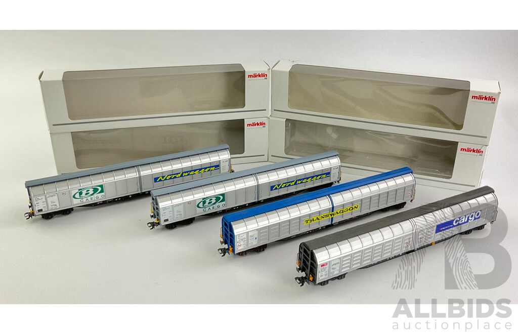 Marklin HO Scale Transwagon, Cargo, Nord Waggon Sliding Door Box Wagons 48056, 48055, 48029 (4)