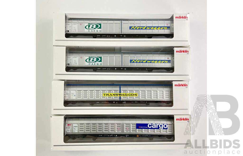 Marklin HO Scale Transwagon, Cargo, Nord Waggon Sliding Door Box Wagons 48056, 48055, 48029 (4)