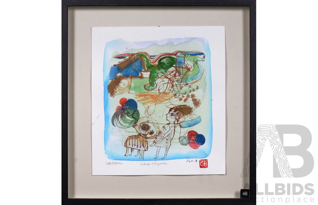 Carlos Barrios (born 1966), Landscape & Figures 2018, Mixed Media on Paper, 33 x 29 cm (sheet)