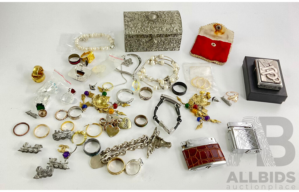 Collection of Costume Jewellery Including Rings, Earrings, Pewter Jewellery Box and Vintage Lighters