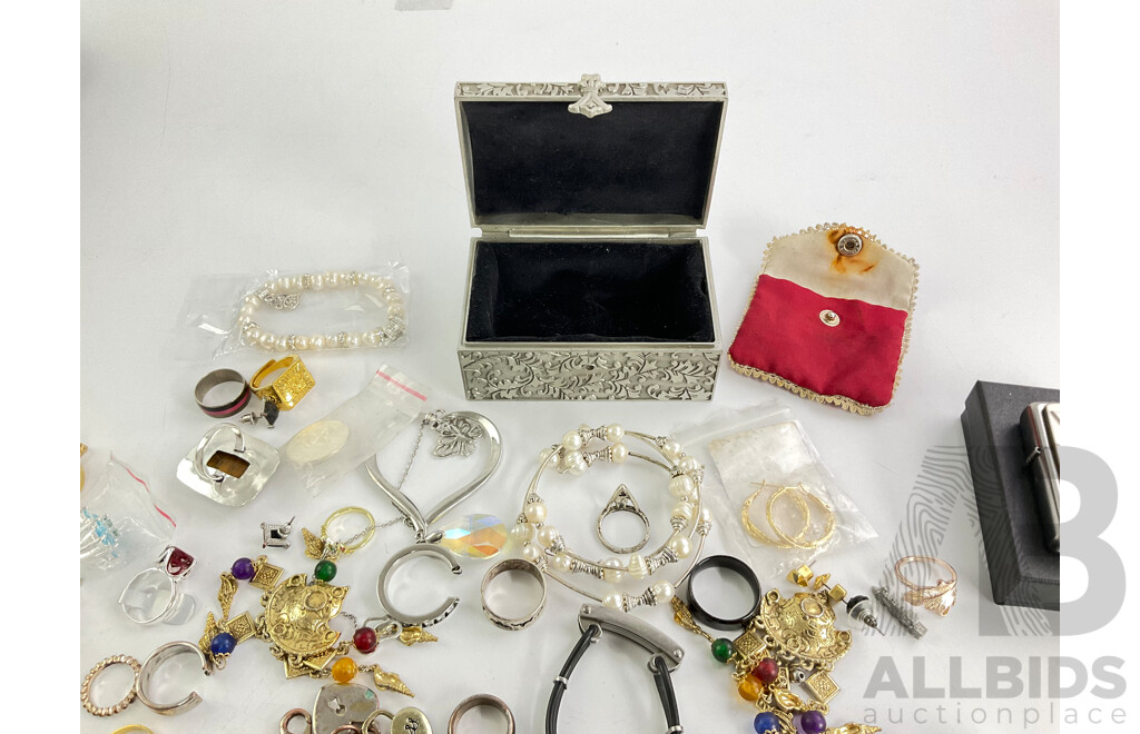 Collection of Costume Jewellery Including Rings, Earrings, Pewter Jewellery Box and Vintage Lighters