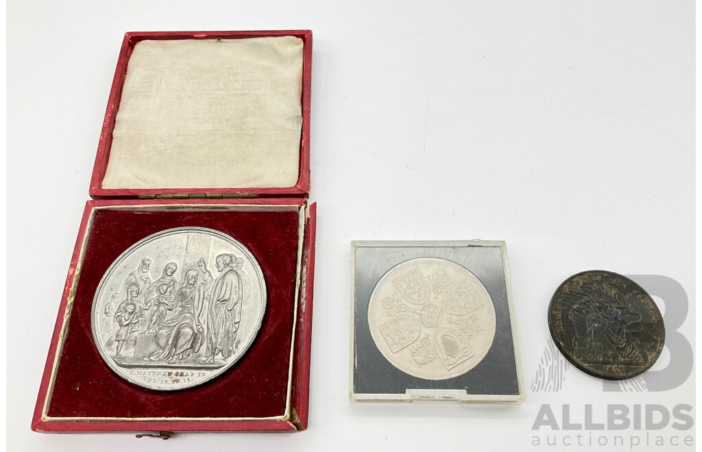 Antique and Vintage Coins Including 1858 Holloway's Pills and Ointments, 1910 Solihull Sunday School Never Late or Absent and 1953 UK Five Shillings