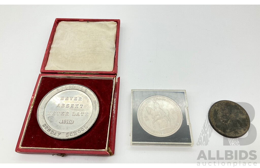 Antique and Vintage Coins Including 1858 Holloway's Pills and Ointments, 1910 Solihull Sunday School Never Late or Absent and 1953 UK Five Shillings