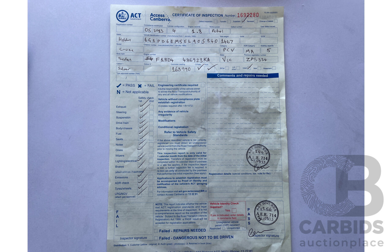 5/2013 Holden Cruze CD Equipe JH MY13 5d Hatchback Silver 1.8L