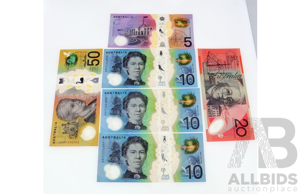 Australian Polymer Notes Including Fifty, Twenty, Ten (3) and Five Including Lowe/Fraser, Stevens/Henry, Lowe/Kennedy, Stephens/Fraser
