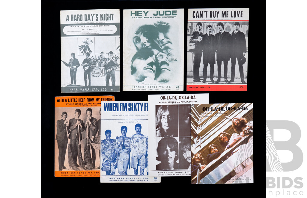 Vintage Beatles Song Sheets Including With A Little Help From My Friends,  When I'm Sixty Four, Ob-La-Di, Ob-La-Da (2) a Hards Day Night, Hey Jude, Can't Buy Me Love