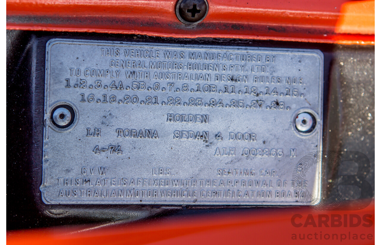4/1974 Holden LH Torana SL/R 5000 Tribute 4d Sedan Orange V8 5.0L