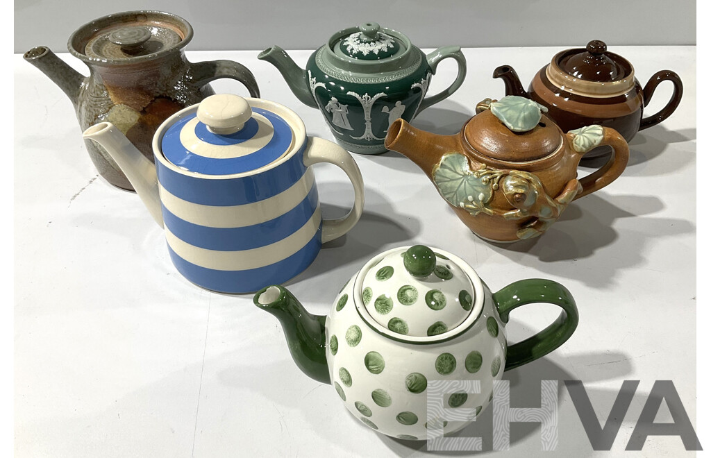 Collection Six Teapots Including TG Green Blue & White Stripe Example, Green Wedgwood Style Example and More