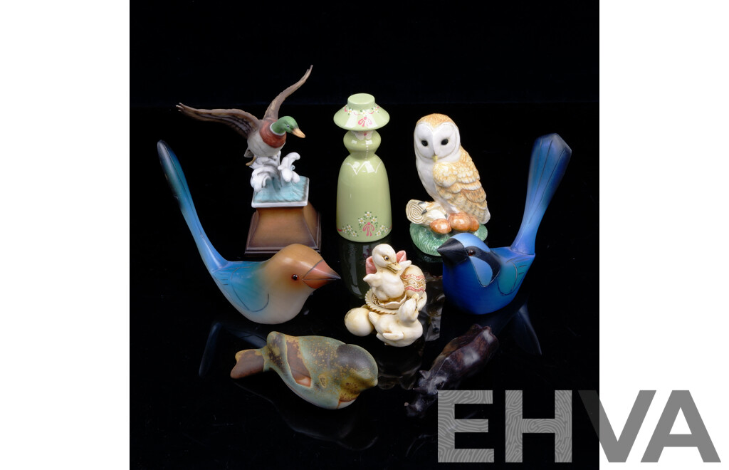 Collection Animal Themed Items Including Pair Australian Hand Made Wooden Wren Figures by Charles Smith, Porcelain Owl Figure by the Border Fine Arts and More