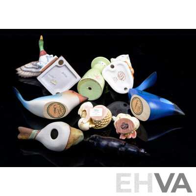 Collection Animal Themed Items Including Pair Australian Hand Made Wooden Wren Figures by Charles Smith, Porcelain Owl Figure by the Border Fine Arts and More