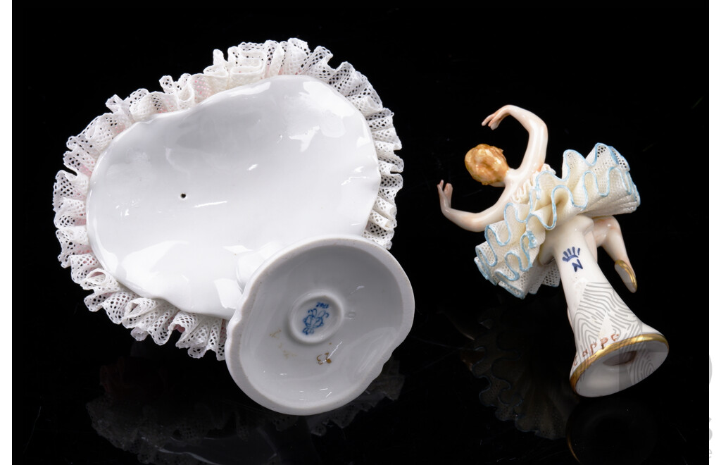 Vintage German Dresden Volkstedt Porcelain Lace Ballerina Figurine Along with a Smaller Example, Probably Potschappel