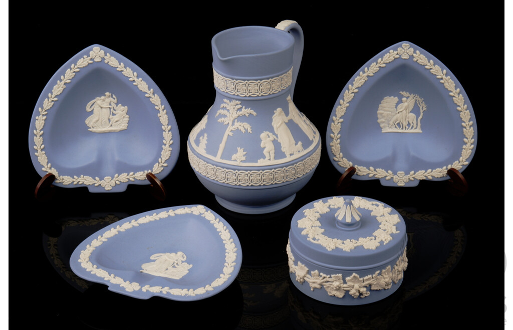 Collection Five Wedgwood Blue and White Jasperware Pieces Including Three Different Heart Shaped Pin Dishes, Jug and More