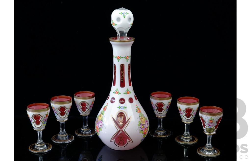 Vintage Bohemia Glass Decanter and Six Glass Set with Flashed Cut Overlayed Ruby Glass and Hand Painted Floral Detail