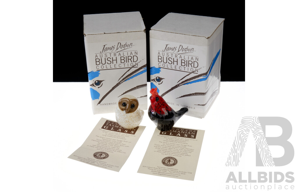 Two Hand Blown Australian Studio Art Glass Bird Figurines by James Dodson From Tasmanian Glassblowers in the Australian Bird Series in Original Boxes