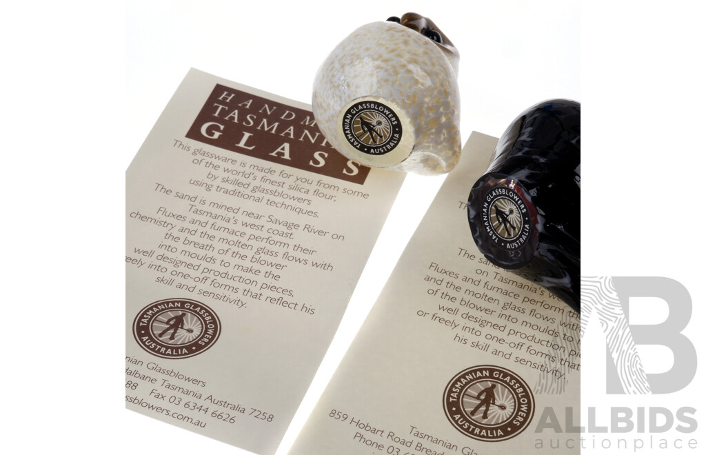 Two Hand Blown Australian Studio Art Glass Bird Figurines by James Dodson From Tasmanian Glassblowers in the Australian Bird Series in Original Boxes