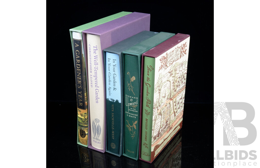 FIve Folio Society Titles Comprising in Your Garden & in Your Garden Again, the Well Tempered Garden, a Gardeners Year,  All Hardcovers in Slip Cases