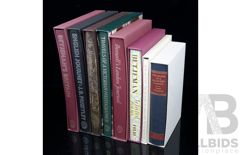 Collection Eight Folio Society Publications Relating to England Including Jane Austens History of England, Boswells London Journal and More, All Hardcovers with Slip Cases