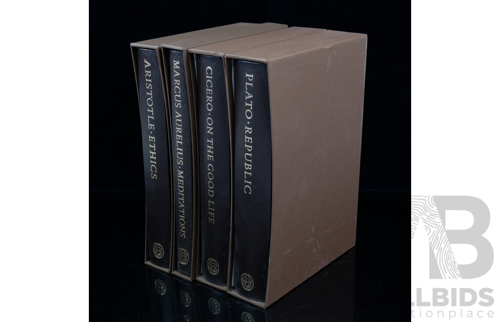 Set Four Quarter Leather Bound Folio Society Volumes Comprising Aristotles Ethics, Platos Republic, Ciceros on the Good Life & MArcus Aurelius Meditations, All Hardcovers in Slip Cases