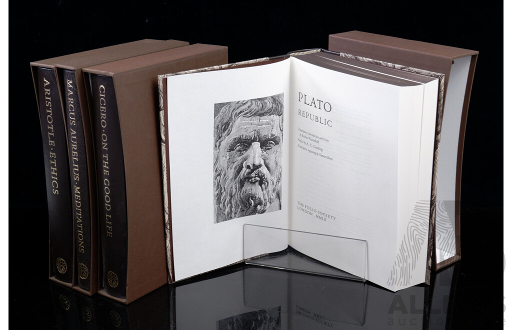 Set Four Quarter Leather Bound Folio Society Volumes Comprising Aristotles Ethics, Platos Republic, Ciceros on the Good Life & MArcus Aurelius Meditations, All Hardcovers in Slip Cases