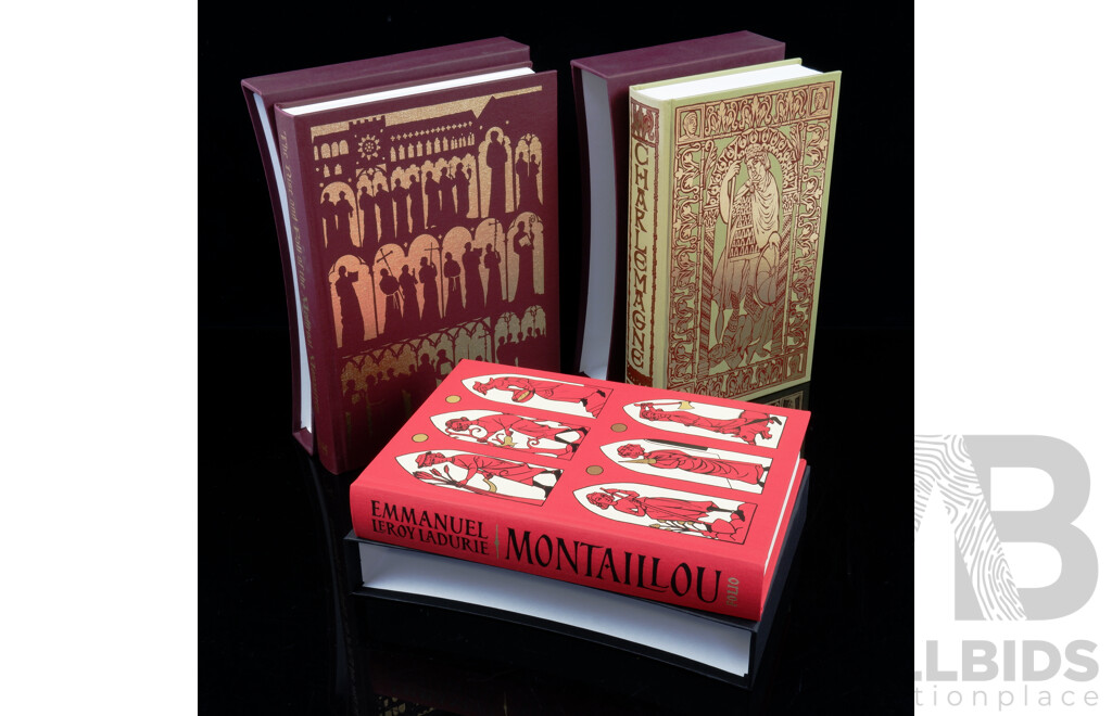 Three Folio Society Titles Comprising Montaillou by E Leroy Ladurie, 2005, Charlemagne, 2006, & the Rise & Fall of a Medievil Monastery, All Hardcovers in Slip Cases