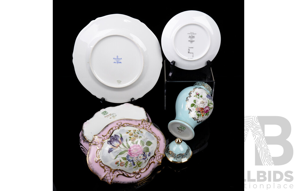 Collection French Limoges Porcelain Pieces Including Lidded Box with Hand Painted Detail, Lidded Blue Urn Form Jar and More