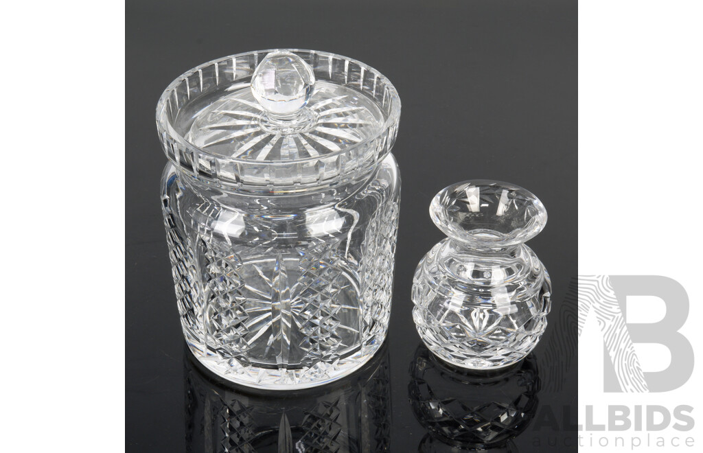 Vintage Waterford Cut Crystal Lidded Biscuit Barrel Along with Waterford Vase