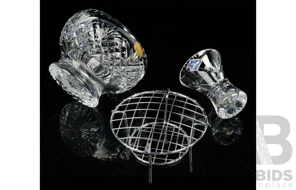 Vintage Royal Brierley Crystal Rose Vase with Mesh with Original Label Along with Small Vase From the Same Maker