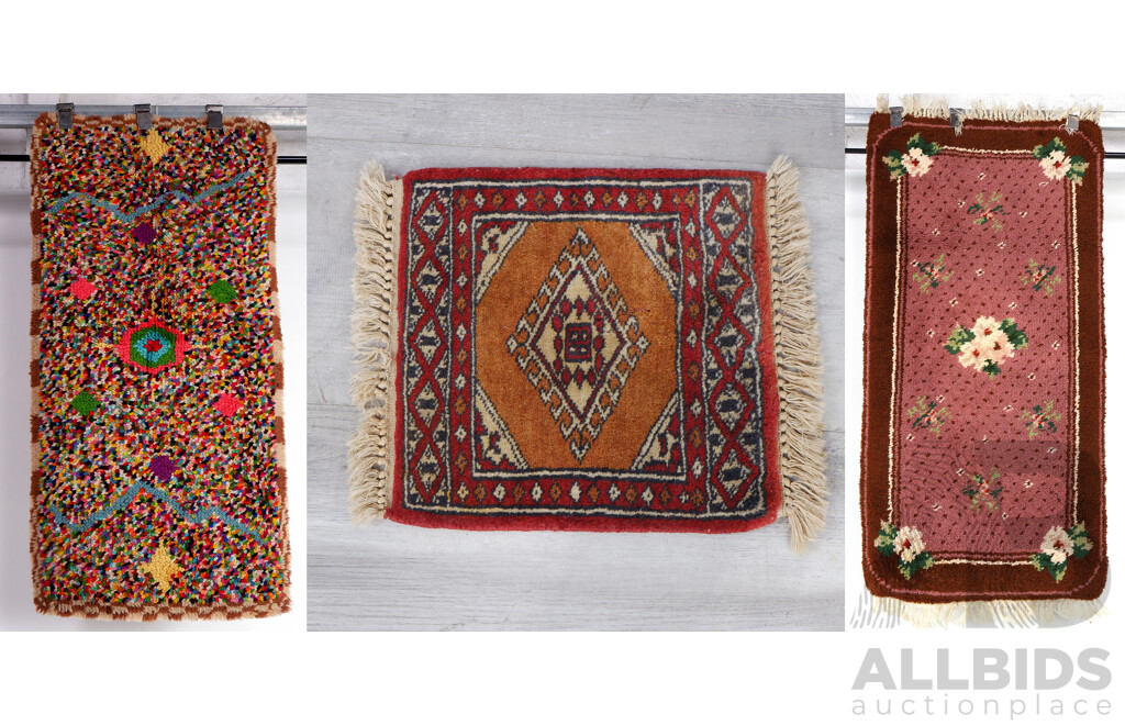 Two Latch Hook Wool Rugs Along with Small Persian Hand Knotted Wool Example
