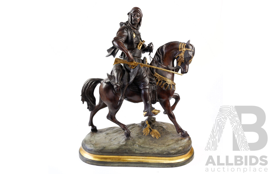 Large Reproduction Bronze Statue of Arab Warrior on Horseback with Hand Painted Detail, Marked Bayre Fils