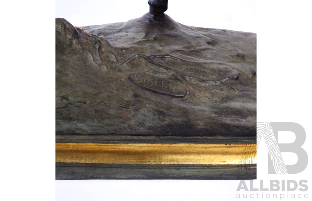 Large Reproduction Bronze Statue of Arab Warrior on Horseback with Hand Painted Detail, Marked Bayre Fils