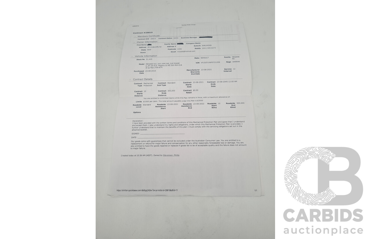 7/2016 Renault Megane RS 265 CUP Phase 2 X95 3d Hatchback White Turbo 2.0L