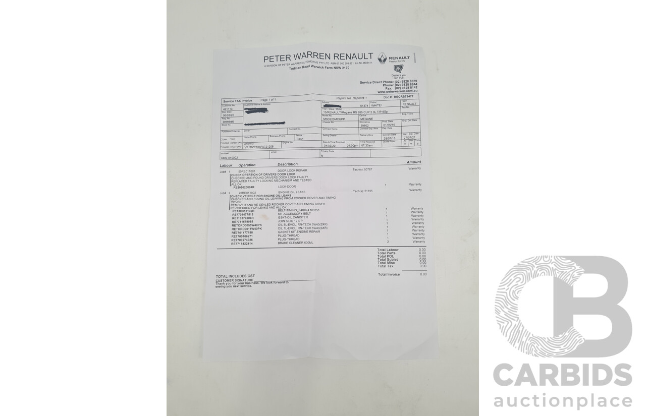 7/2016 Renault Megane RS 265 CUP Phase 2 X95 3d Hatchback White Turbo 2.0L