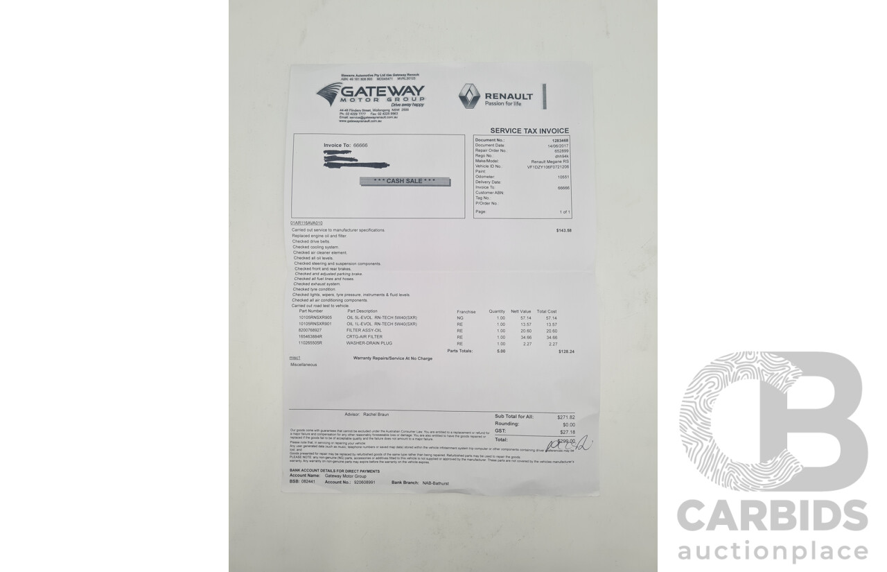 7/2016 Renault Megane RS 265 CUP Phase 2 X95 3d Hatchback White Turbo 2.0L