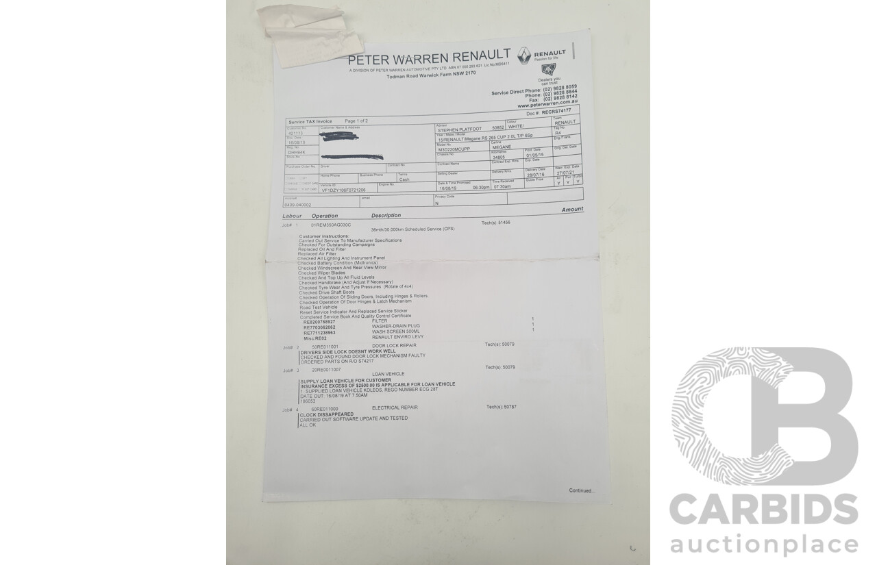 7/2016 Renault Megane RS 265 CUP Phase 2 X95 3d Hatchback White Turbo 2.0L