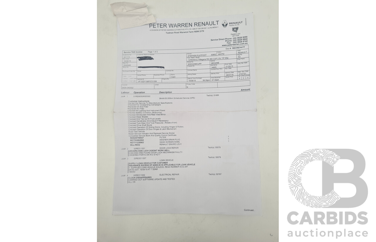 7/2016 Renault Megane RS 265 CUP Phase 2 X95 3d Hatchback White Turbo 2.0L