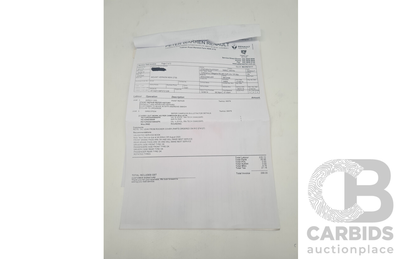 7/2016 Renault Megane RS 265 CUP Phase 2 X95 3d Hatchback White Turbo 2.0L