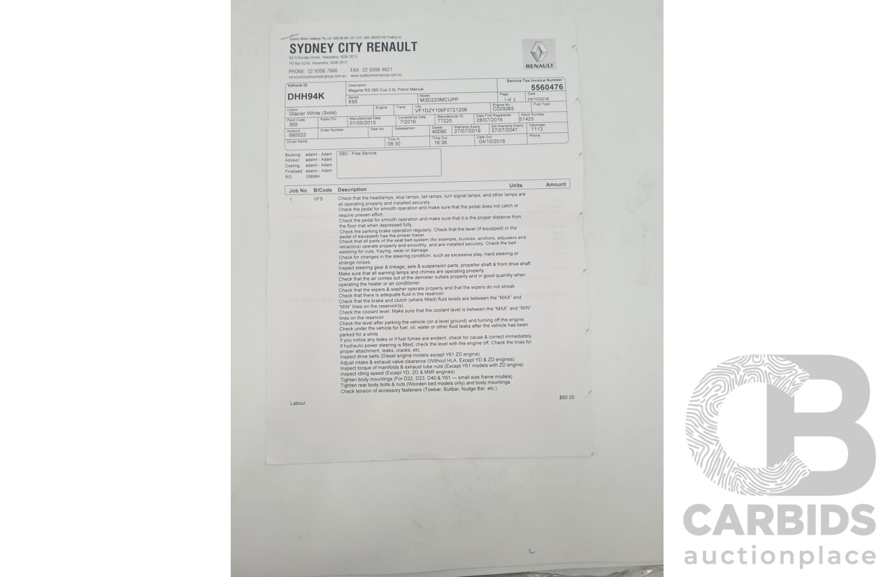 7/2016 Renault Megane RS 265 CUP Phase 2 X95 3d Hatchback White Turbo 2.0L