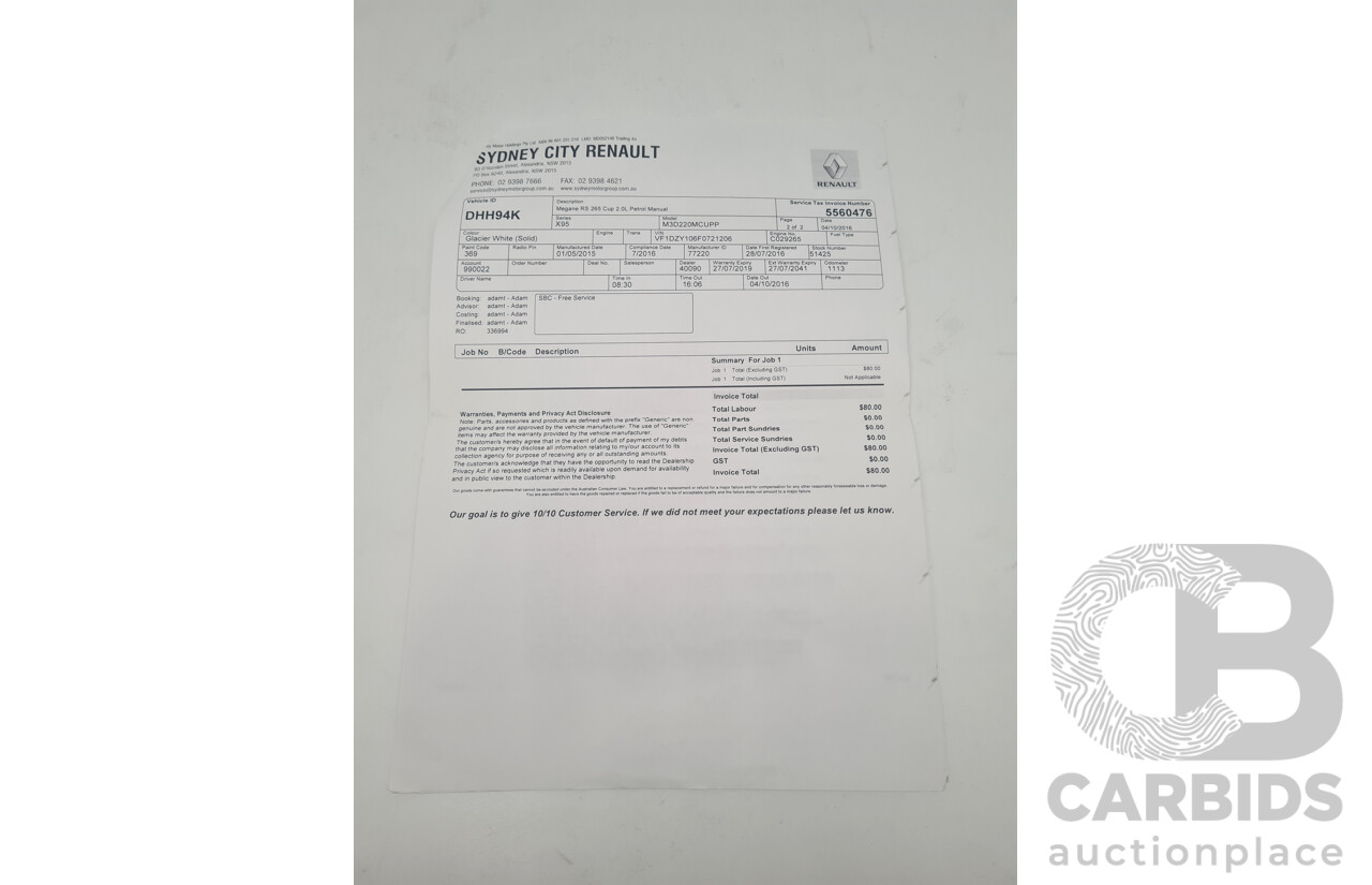 7/2016 Renault Megane RS 265 CUP Phase 2 X95 3d Hatchback White Turbo 2.0L