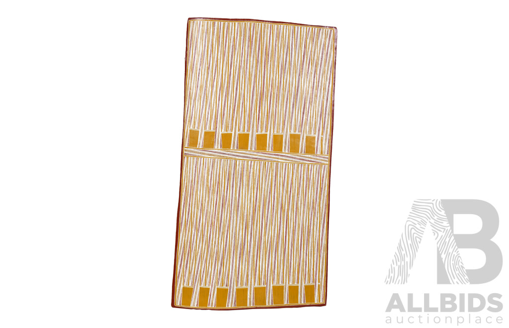 Tommy Gondorra Steele (Born 1940, Burarra Language Group), Jima Jima - Water Lily 2008, Natural Earth Pigments and Synthetic Binder on Eucalyptus Bark