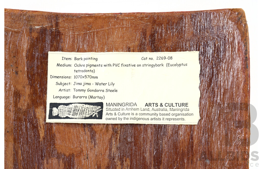 Tommy Gondorra Steele (Born 1940, Burarra Language Group), Jima Jima - Water Lily 2008, Natural Earth Pigments and Synthetic Binder on Eucalyptus Bark