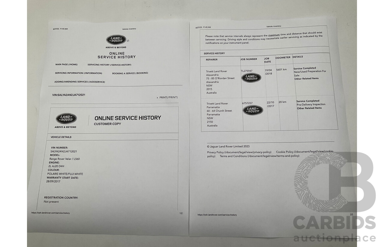 09/2017 Land Rover Range Rover Velar D180 (AWD) L560 MY18 5d Wagon Polaris White Turbo Diesel 2.0L