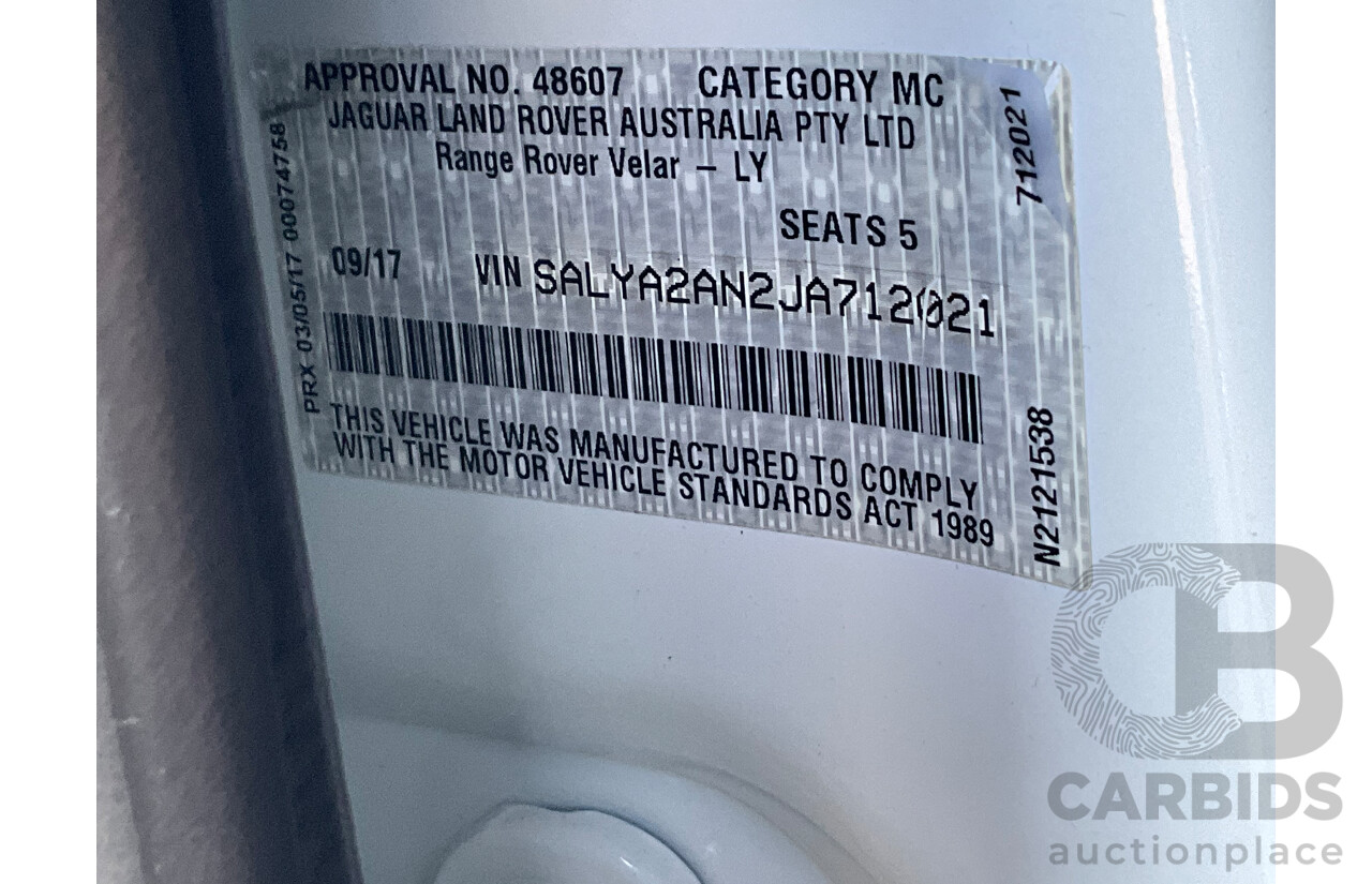 09/2017 Land Rover Range Rover Velar D180 (AWD) L560 MY18 5d Wagon Polaris White Turbo Diesel 2.0L