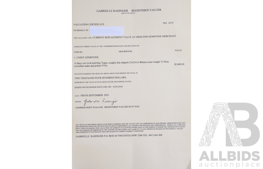 Fancy Cut Vivid Mid Blue Topaz, Roughly Kite Shaped, 71.92cts (33 X 25 X 15.80mm)